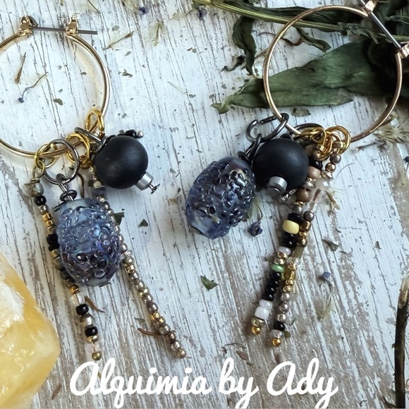 Bohemian charms tassel silver onyx hoop earrings - Picture 1 of 2